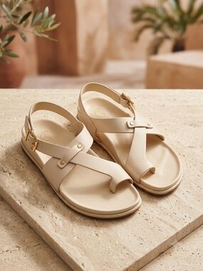 Franco Sarto Cream Cross-Strap Toe-Ring Sandals with Gold Buckle